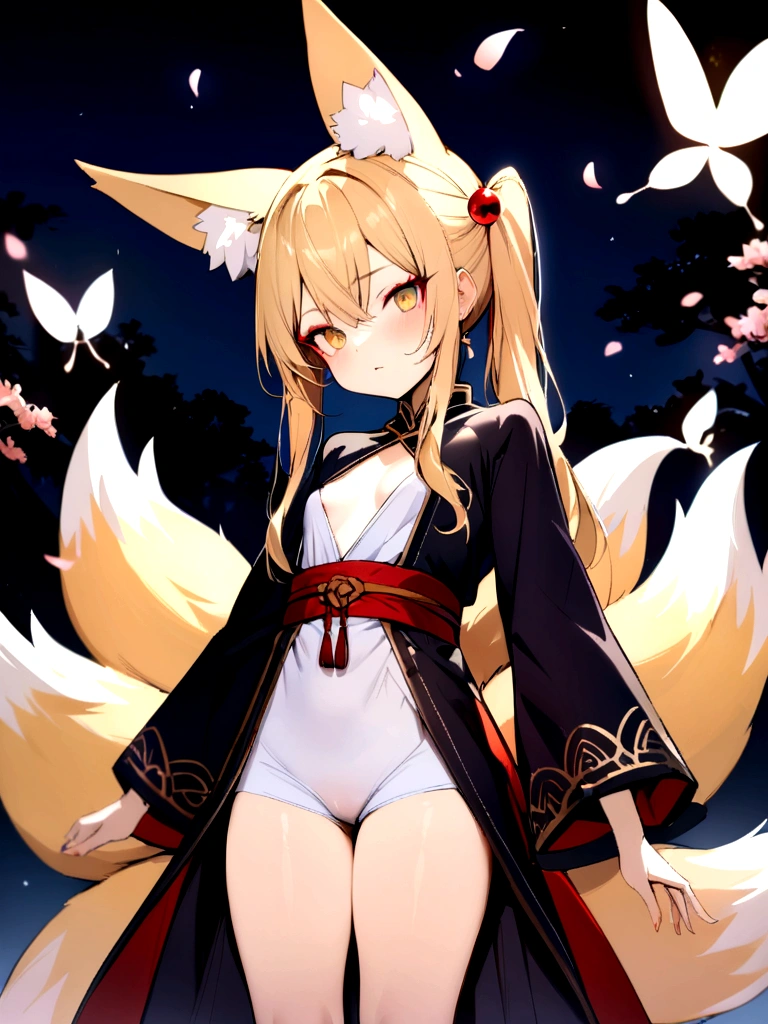 (masterpiece, best quality) junior,detailed, (beautiful,small breasts), blonde,long hair, side ponytail(gold butterfly hairband), elegant, (fox ears),nine tailed fox tail, red eyeshadow, golden eyes, femur，漏出femur, white shirt,shaman uniform,cherry blossom background,girl,NIGHT