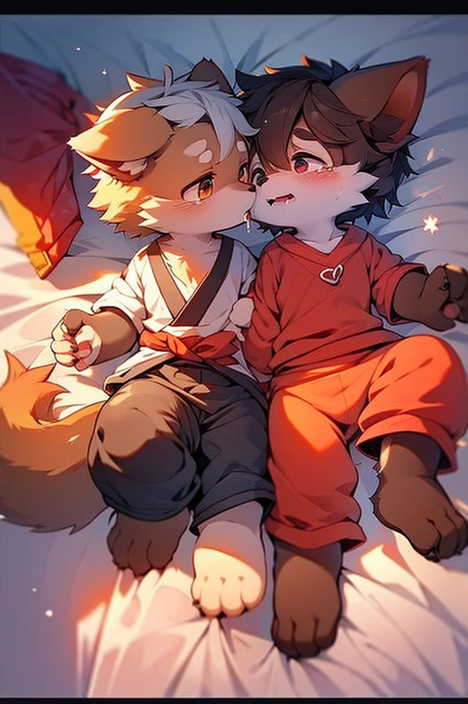 Dog boy and fox girl, 4K quality, high resolution,                Hold hands, Deep Kiss,Drooling, Wearing a red collar,       Feelings of love,Cute face,Crying in bed, 
