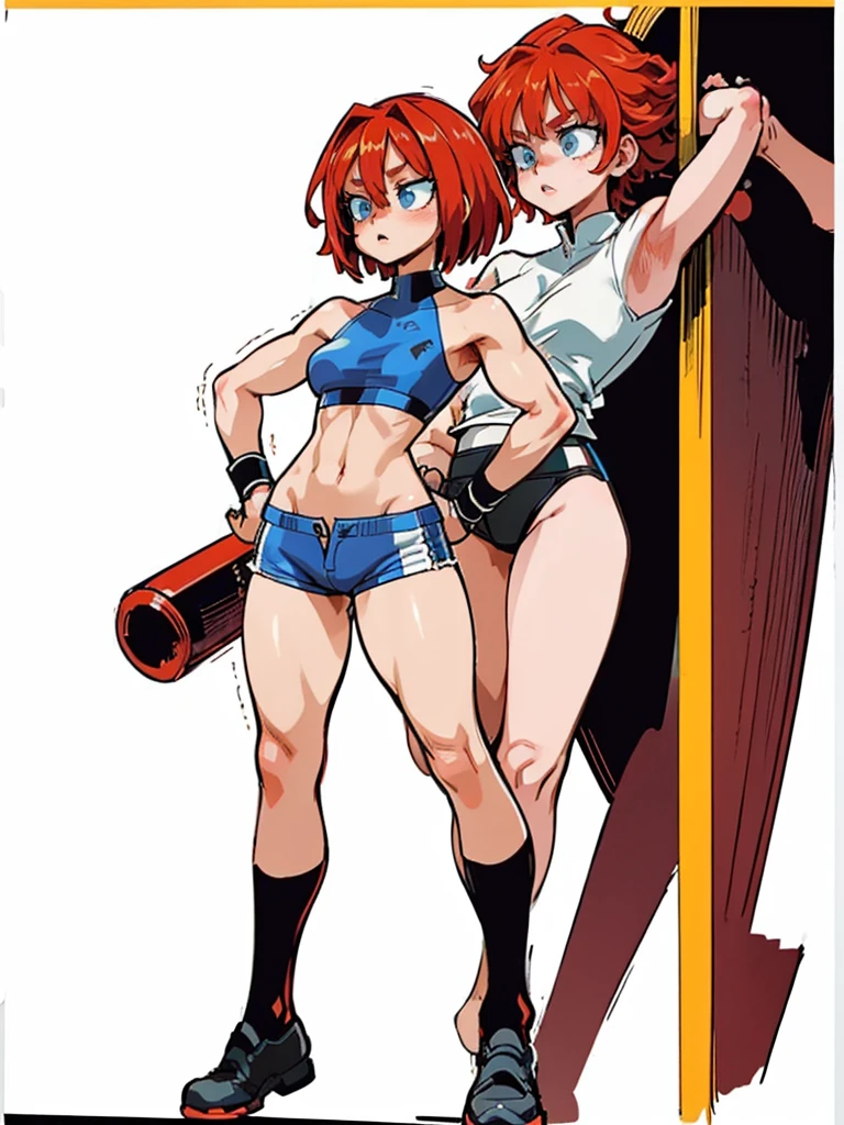 ((full bodyesbian)), (Simple background), 1woman, ((High resolution)), (simple background), (white backgrounid:1.3), Ragatha's appearance resembles that of a living ragdoll with stitching on its body, with red, yarn-like hair, a flat, slightly older woman, reddish-orange triangular nose, and one blue button eye, is wearing boxing gloves black and body muscular, she wears black sports bra and shorts, the biceps on her arms are flexed, her lips are slightly parted, showing a hint of determination and resiliencia, wearing boxing gloves black, flexing her biceps, stands in a challenging pose, hands on hips, with a full-body representation.