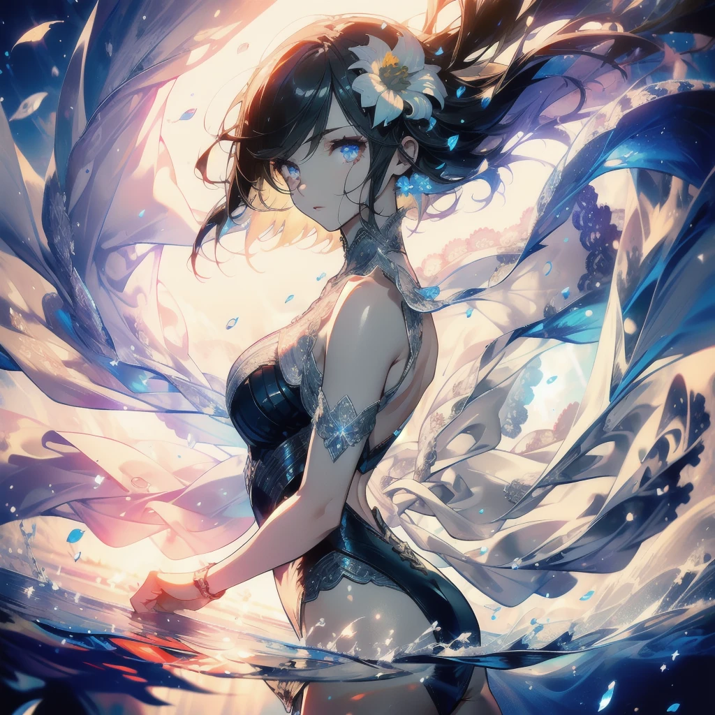 ((masterpiece, best quality)), Epic battlefield atmosphere,Delicate face,goddess,sunshine,whole body,Standing picture,glowing eyes,Handsome short hair,Perfect body proportions,Pure white background,Water Ripples,Lace,flower,Fallen Leaves