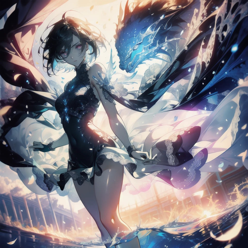 ((masterpiece, best quality)), Epic battlefield atmosphere,Delicate face,goddess,sunshine,whole body,Standing picture,glowing eyes,Handsome short hair,Perfect body proportions,Pure white background,Water Ripples,Lace,flower,Fallen Leaves