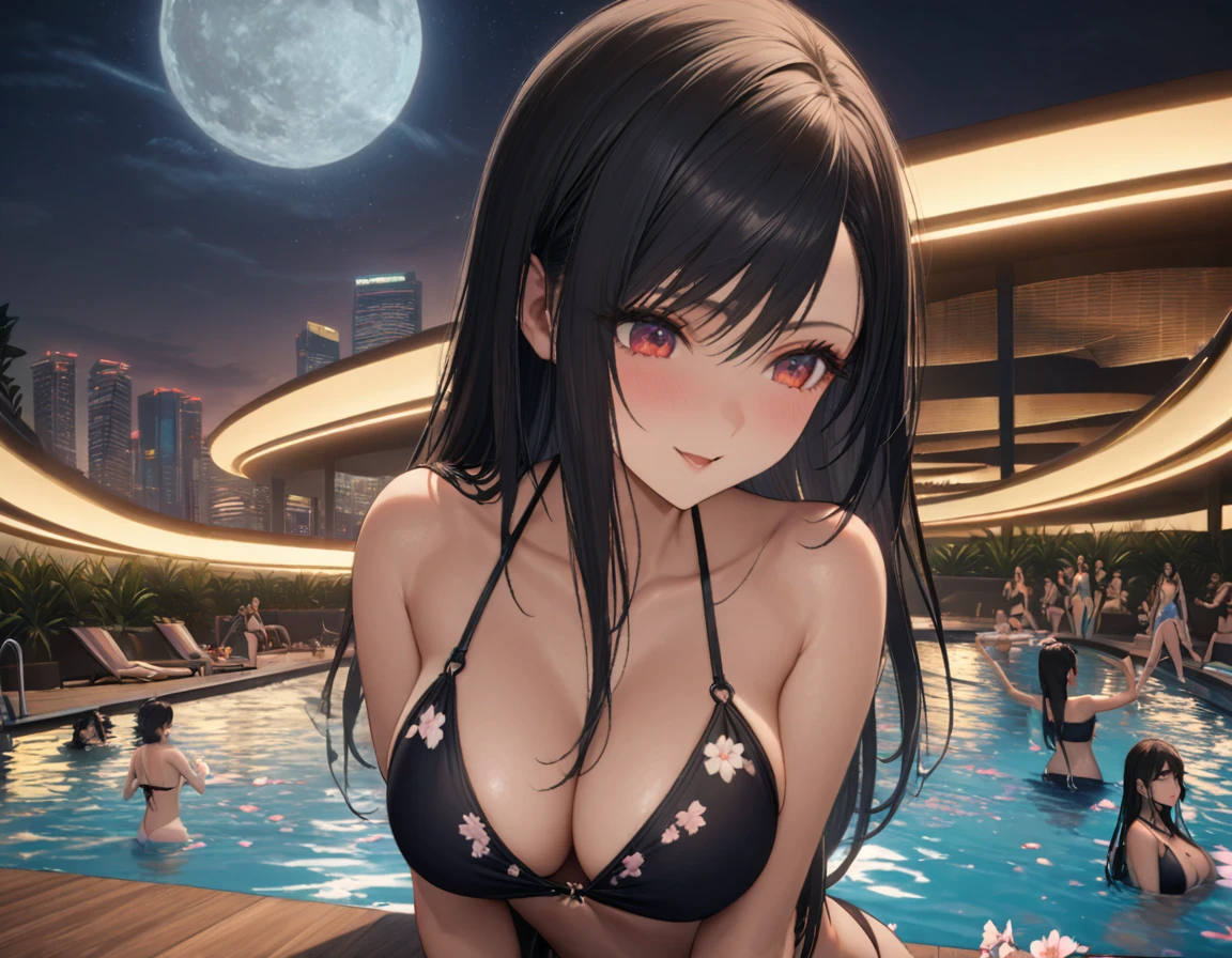 Highest quality, Super quality, 16K, Incredibly absurd, Very detailed, delicate and dynamic, SFW, Natural light, Fine particles reflect rainbow colors, Diffuse reflection of light, Vortex of Light, Lots of starlight, roof top pool, Marina Bay Sands Singapore, night, moon, 水面にmoonが映る, Create amazing image effects, Upper body close-up, pool party, (, cute sexy girl, big busts, Sensual expression, peacefulness, Elegant, Charm, lure, Pool party with multiple women, pool side bar, cherry blossoms, Flower storm, black long hair, Chic swimwear, Tifa Lockhart Final Fantasy VII)