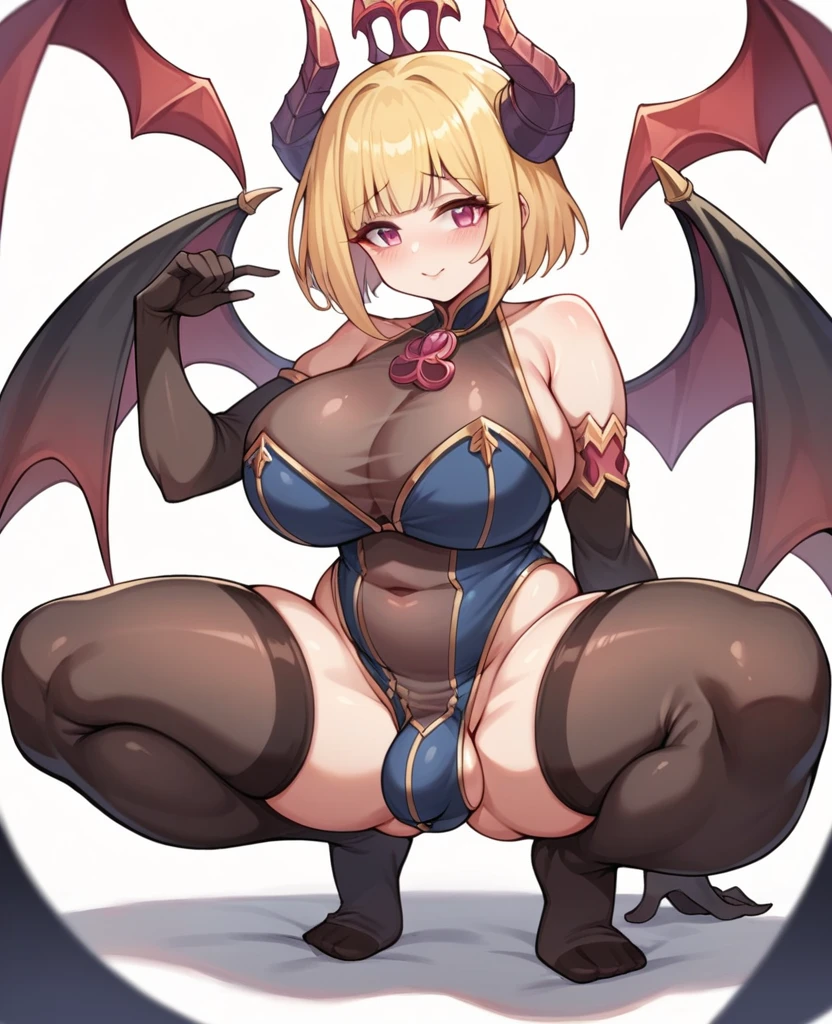 (One girl),(short hair),(sidelock),(Blonde),(bangs)+,(Princess Connect),(huge breasts),((plump)),(beautiful girl)+,[Big thighs],pink eye,(Futanari),(boyish),(Satanic Priest),leotard,((thigh-high socks thighhighs)),(long gloves),say,(Erotic squatting),see-through ,(White Background:1.5),
