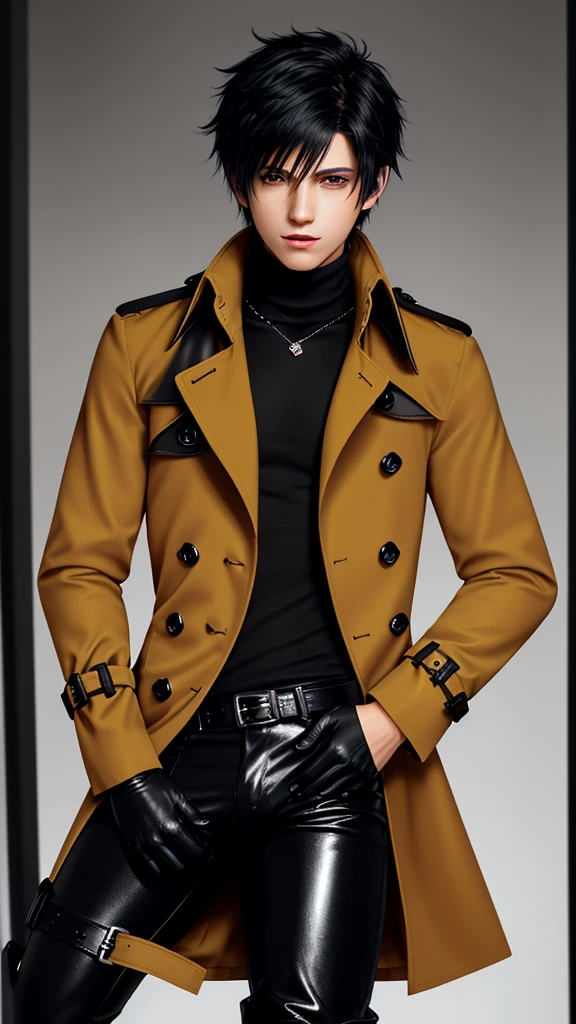 Final fantasy taste and reality graphics, Japanese young cute and cool ikemen  boy, his age is early 20s, thin eyebrows and beady eyes,  he wearing orange beige color double brest very thick trench coat, with a black color neck fur.,neck fur is black color, must black neck fur,
Must tighten your belt og coat, with epaulet, must close the front of the trench coat,, must trench coat cloth the front, also wearing black very thick turtleneck lackluster shirts,  tight black leather pants, shiny black leather tight and must put on a thin leather glove both hands, black leather knee-high raceup boots,must views  head-to-toe,must views whole body, boy looks like fashion model,Do not show skin from the neck down,leather jacket leather glove and leather pants have few wrinkles,boy in the room,,Avoid showing your innerwear