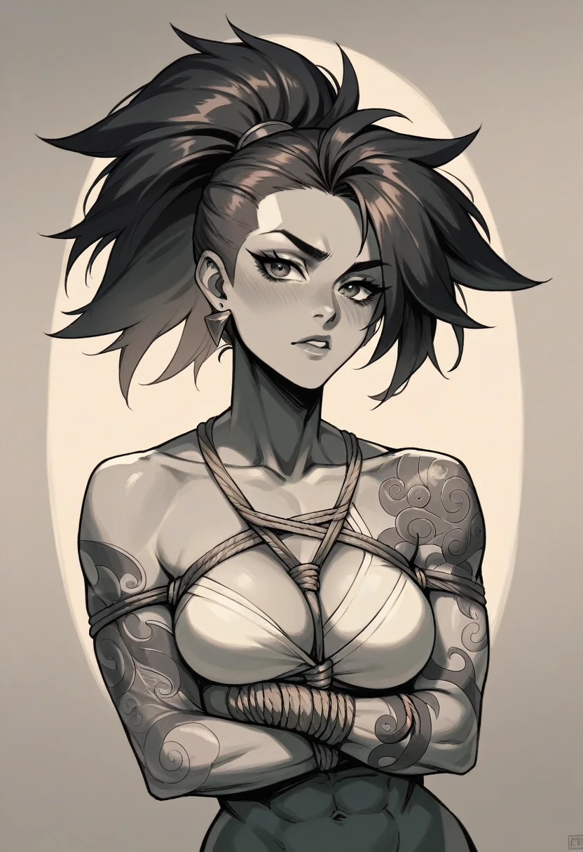 Akali league of legends, athletic body, her hair is long and black, always tied up in a high ponytail, ultra realisitic,8K, best qualityer, tattoo on arm, beautiful face