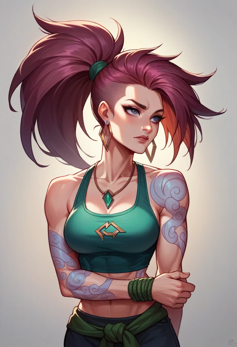 Akali league of legends, athletic body, her hair is long and black, always tied up in a high ponytail, ultra realisitic,8K, best qualityer, tattoo on arm, beautiful face