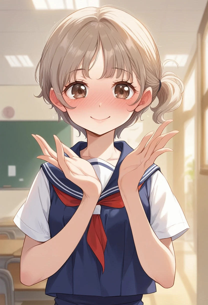 (Very cute 16 year old young woman from Japan), ((Brown delicate hair)), ((Short-cut hair in a ponytail)), (((Clean hands))),(Curly hair),(((Very sweet smile))),(((The upper body is wearing a high
sailor suit))),(((Lower body miniskirt))), (((high school student))) ((of the highest quality, 16 K, masutepiece: 1.3)), Light on Face, hyperdetailed face, very detailed lips, Detailed eyes,class room,school, office,(fullnude:1.0),(show your pussy:1.5),(full-face blush:1.3),(small breasts:1.2),(skinny:1.2),