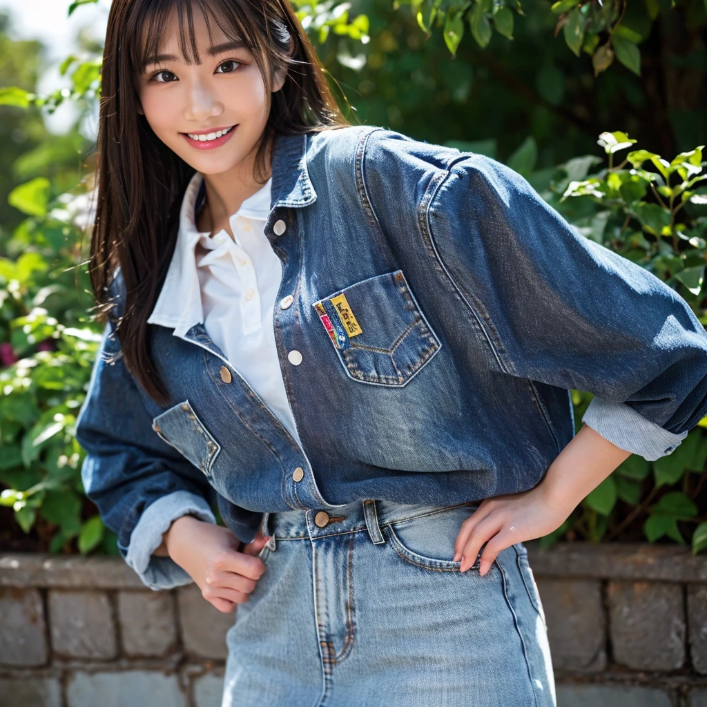 HD detailed, Super detailed, Realistic,Hyperrealism,Best image quality、Highest quality、masterpiece、Ultra-high resolution、Like the picture:1.5、Professional Lighting、One Girl、18-year-old,Japanese,Long sleeve、Tuck a denim shirt with the collar buttoned up into a denim skirt、A kind smile、Show the whole body、garden