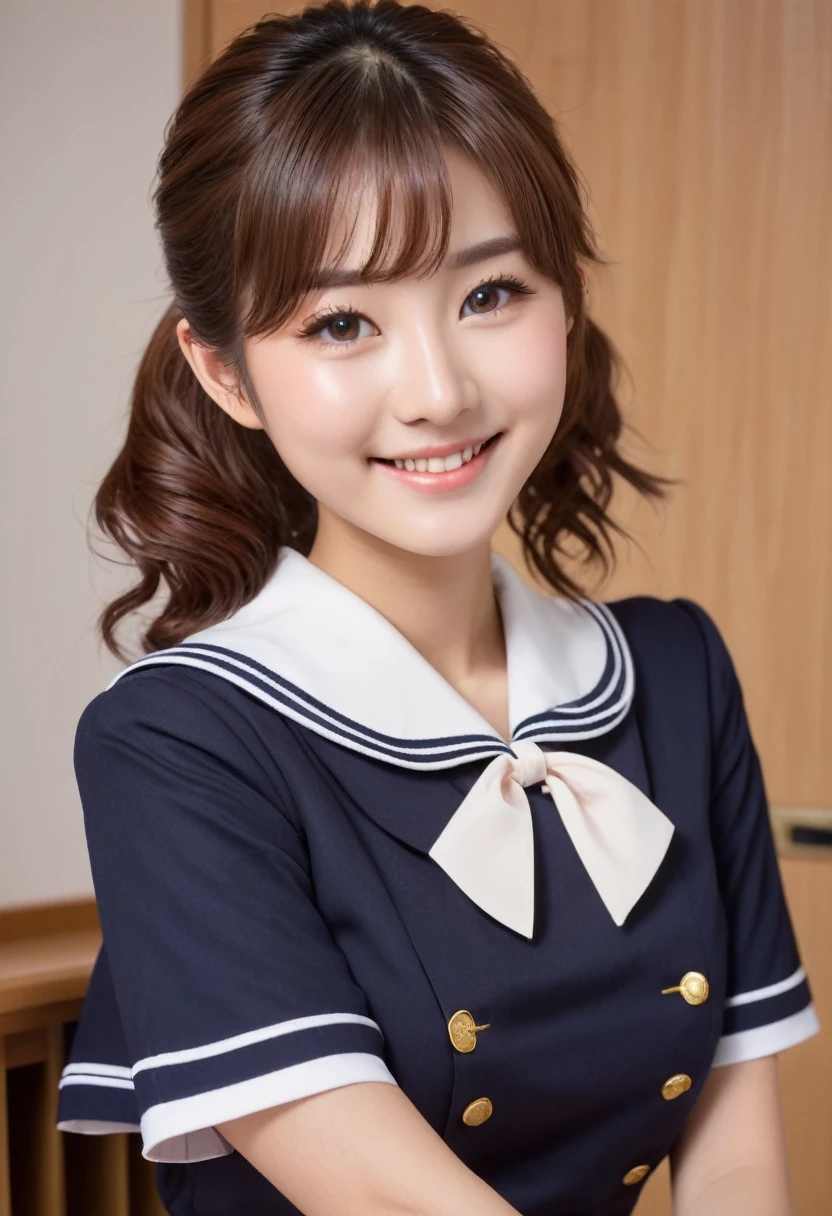 (Very cute 16 year old young woman from Japan), ((Brown delicate hair)), ((Short-cut hair in a ponytail)), (((Clean hands))),(Curly hair),(((Very sweet smile))),(((The upper body is wearing a high
sailor suit))),(((Lower body miniskirt))), (((high school student))) ((of the highest quality, 16 K, masutepiece: 1.3)), Light on Face, hyperdetailed face, very detailed lips, Detailed eyes,class room,school, office,(fullnude:1.0),(show your pussy:1.5),(full-face blush:1.3),(small breasts:1.2),(skinny:1.2),