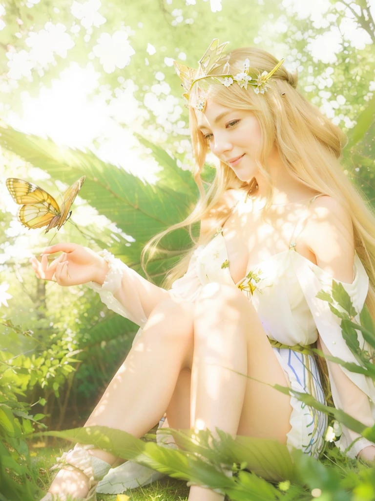 anime girl sitting in the grass with a butterfly in her hand, goddess of summer, fey queen of the summer forest, anime goddess, the goddess of summer, goddess of nature, ethereal anime, blonde anime girl with long hair, daytime ethereal anime, goddess of spring, ((a beautiful fantasy empress)), smiling as a queen of fairies, queen of nature