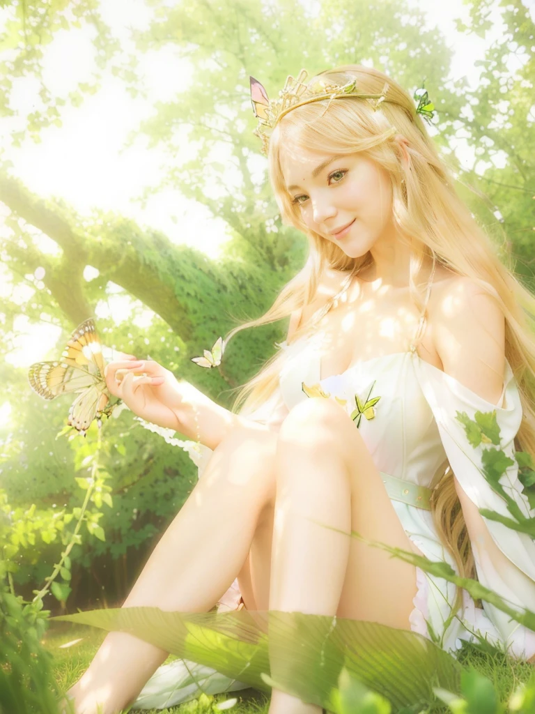 anime girl sitting in the grass with a butterfly in her hand, goddess of summer, fey queen of the summer forest, anime goddess, the goddess of summer, goddess of nature, ethereal anime, blonde anime girl with long hair, daytime ethereal anime, goddess of spring, ((a beautiful fantasy empress)), smiling as a queen of fairies, queen of nature