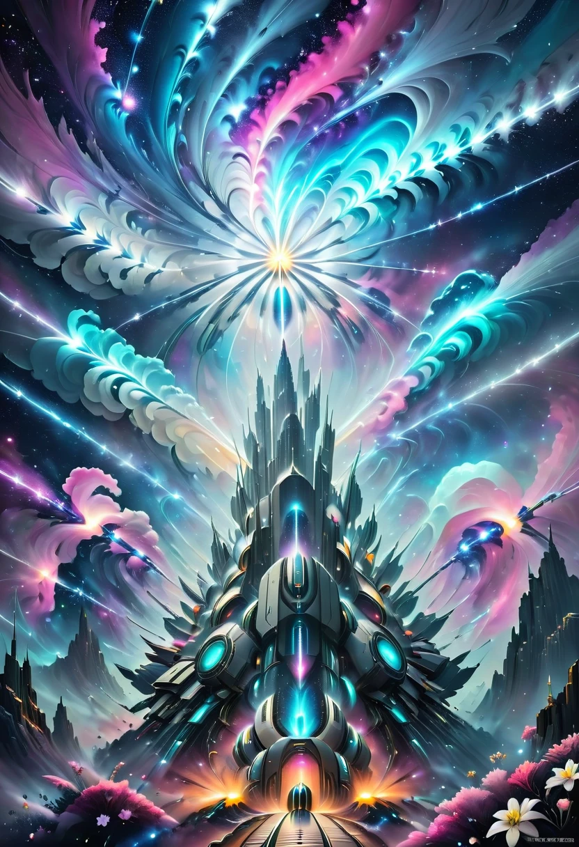 divine light, galactic night, cruel, colossal, pale scene of deep space with a wonderful future, generated by a spiritual atmosphere from cosmic structures created from millions of parallel curved organic self-reproducing cyber worms, aesthetic design of the mechanism of cosmic wheels, star creators, geometric perspective, bokeh, flowering, superintelligent, spiritual machines of the future, HD, overpopulation, chaos, living hyperstructures, divine, religious, matrix style, formation of hyperlife, gray metallic, monotony, fog, flowering. based on @dragan