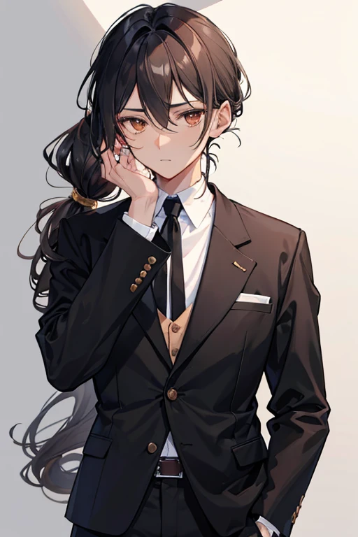 sunny young man with dark skin Long curly hair tied in a low ponytail, brown eyes, 186 cm tall.. Wear a black collared shirt Wear beige pants And wearing a long white blazer, his face is smooth and his face looks cool.