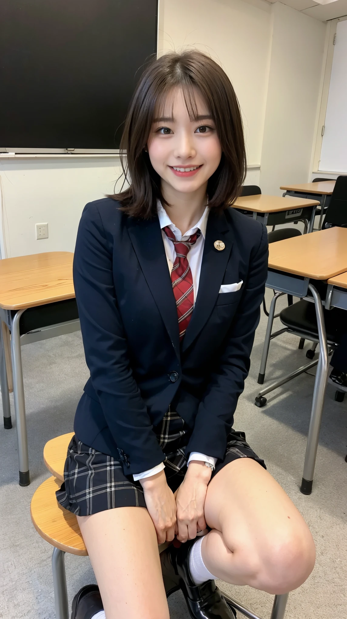 School classroom,1人のpretty girl,Red Tie Uniform,Dark Blue Blazer,Blue checked mini skirt,18-year-old,Short brown hair with side waves,The best smile,Thighs,knees,Random Pause,pretty girl,Slender girl,教室の机の上にThighsを広げて座っている.,my skin is beautiful,Wear black loafers,Natural Makeup,The skirt is slightly turned up,