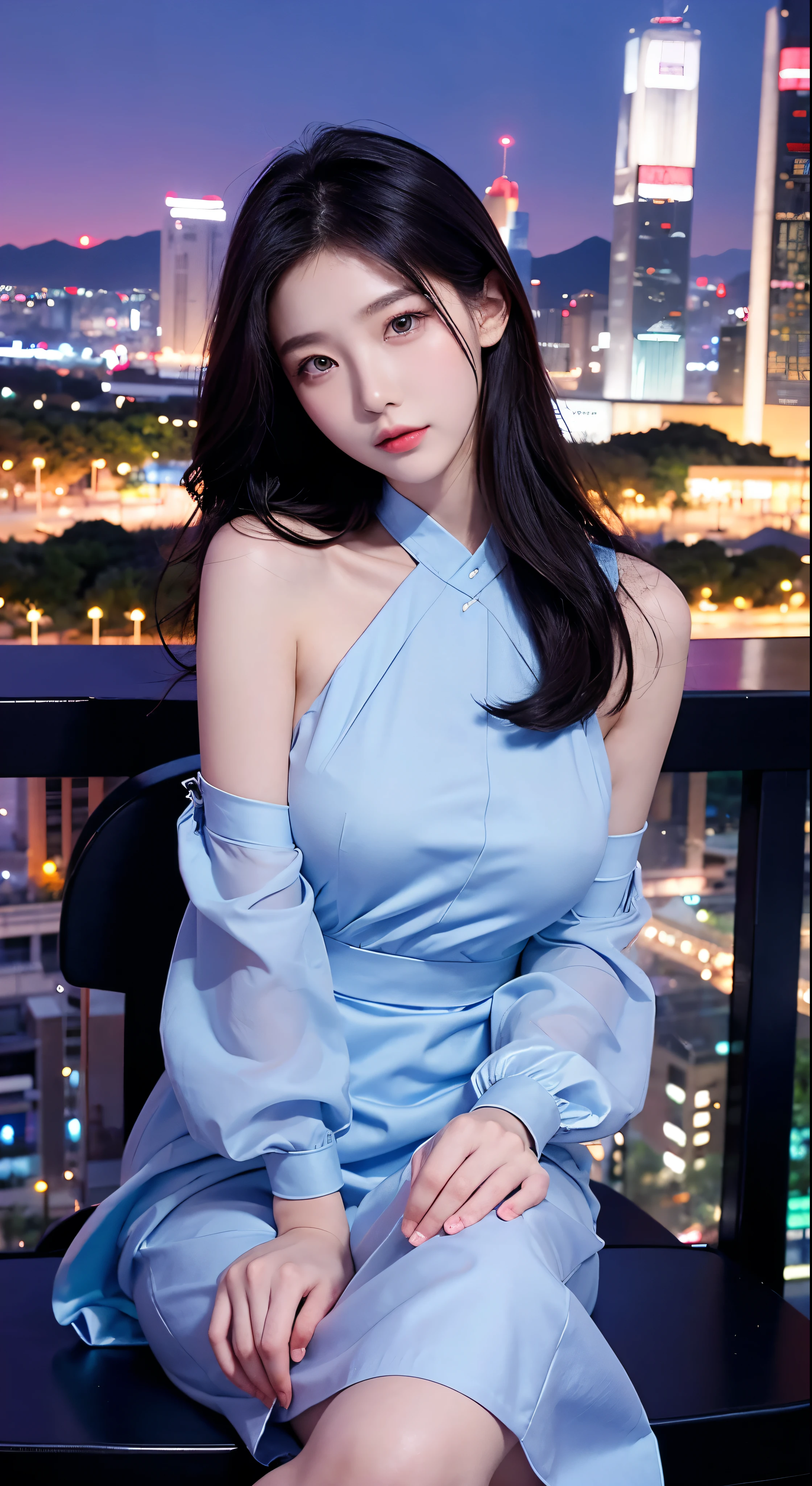Sitting on a chair in a blue dress、Korean female fashion model、Elegant clothes、Glossy clothes、Lucky me, I see、Highest quality、masterpiece、Ultra-high resolution、Realistic、Cityscape in the background