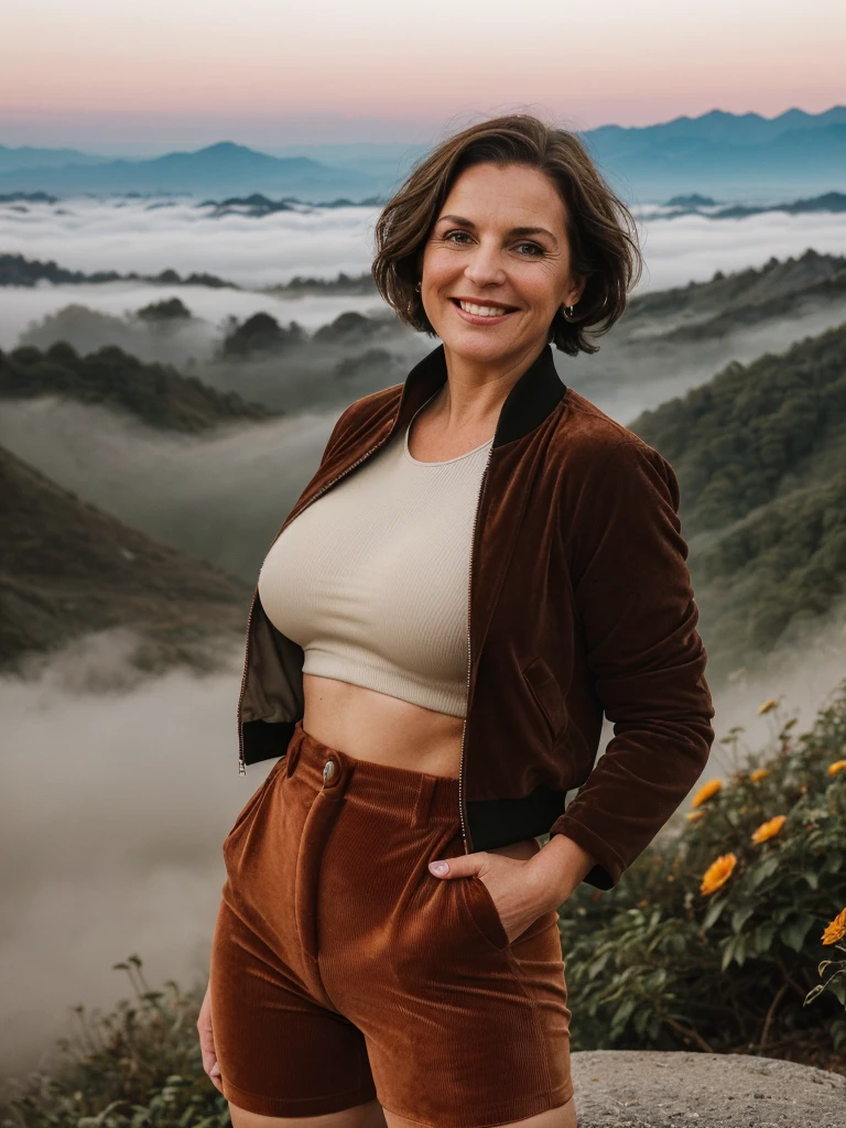 1 girl, photorealistic, realistic, her name is Elise, middle age, a 45-year-old woman with gray hair, body of 45-year-old woman, wrinkles on her face and body, Alpine woman, ((dark brown hair, short hair))), smiling,(((dynamic pose))), nudity, (((The quiet mountains are shrouded in a sea of mist.,Stunning sunrise casting warm hues,Beautiful flowers bloomed in front of us.,The atmosphere is dreamy and peaceful.,Beautiful landscape of Thailand,Harmony between nature and humanity))), (((she choose a cropped corduroy jacket is tailored with a slightly boxy silhouette, featuring a plush texture and a rich color like brown. Its cropped length accentuates the waistline and adds structure to the ensemble. There is no top beneath the jacket, she paired it with color black high-waisted cycling shorts in a sleek, stretchy fabric that conforms to her figure))), (((boobies)))