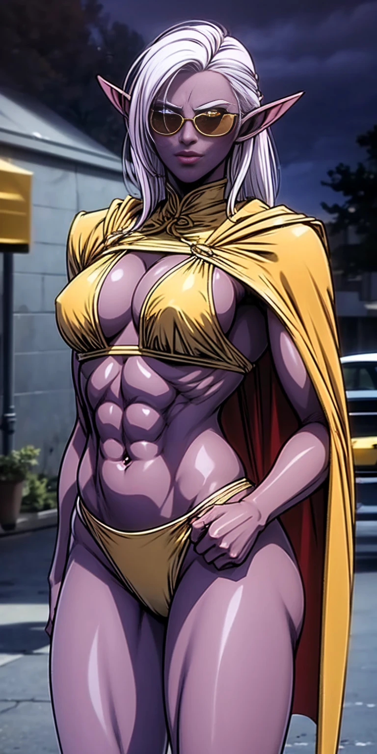 Subject:
1 Solo Female Drow Elf
Physical Description:
Purple Skin
Long White Hair
Strong Body with Abs
Shiny Skin (Ultra Quality)
Attire:
Yellow Tiger Bikini (underneath)
Red Cape (flowing)
Pose:
Standing Pose
Background:
Cinematic Street Scene (Atmospheric, 8K)
Additional Notes:
Red sunglasses