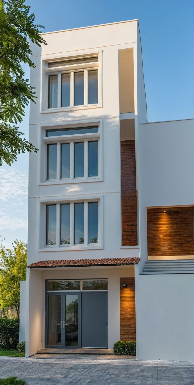 Masterpiece, 4k pixel, high quality, best quality, authentic, super detail, outdoors, onestoreyvillaXL, aiaigroup, house style modern on the street ,stairs, white wall ,road,pavement, grass, trees, sky, cloud, (daylight:1.1)
