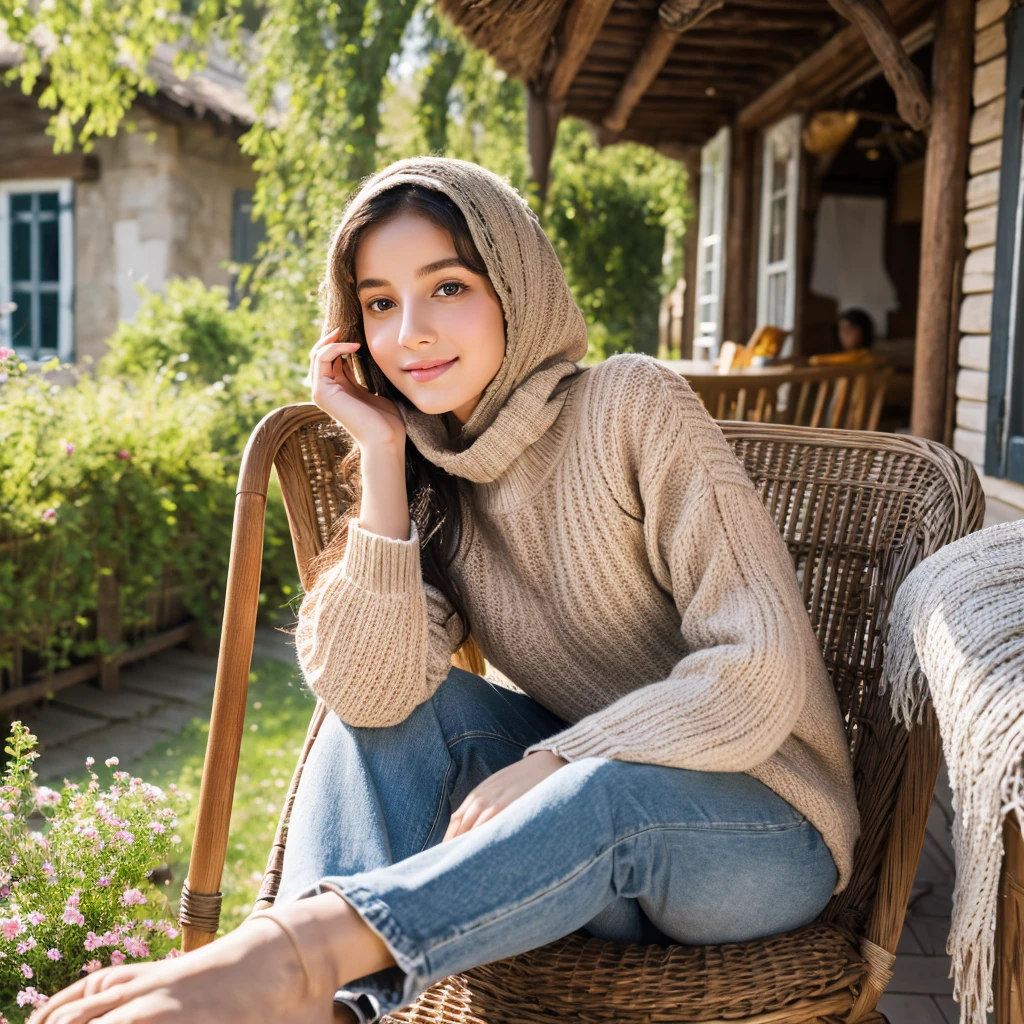 Masterpiece, Illustrate a scene featuring a young and enchanting girl seated in a rocking chair on a terrace, long denim, sweater, hijab, light hazel eyes, hi detailed face, ultra realistic face, ultra detailes eyes ,The setting is a weathered wooden house adorned with clusters of dried grass, front view,half smile, nestled on the tranquil banks of a river. Tall birch trees,floral blossom ,vibrant flowers, and the mesmerizing touch of witchcore aesthetics complete this captivating tableau, 16K, ultra high res.photorealistic, HDR, UHD, DSLR, RAW, cinematic lighting