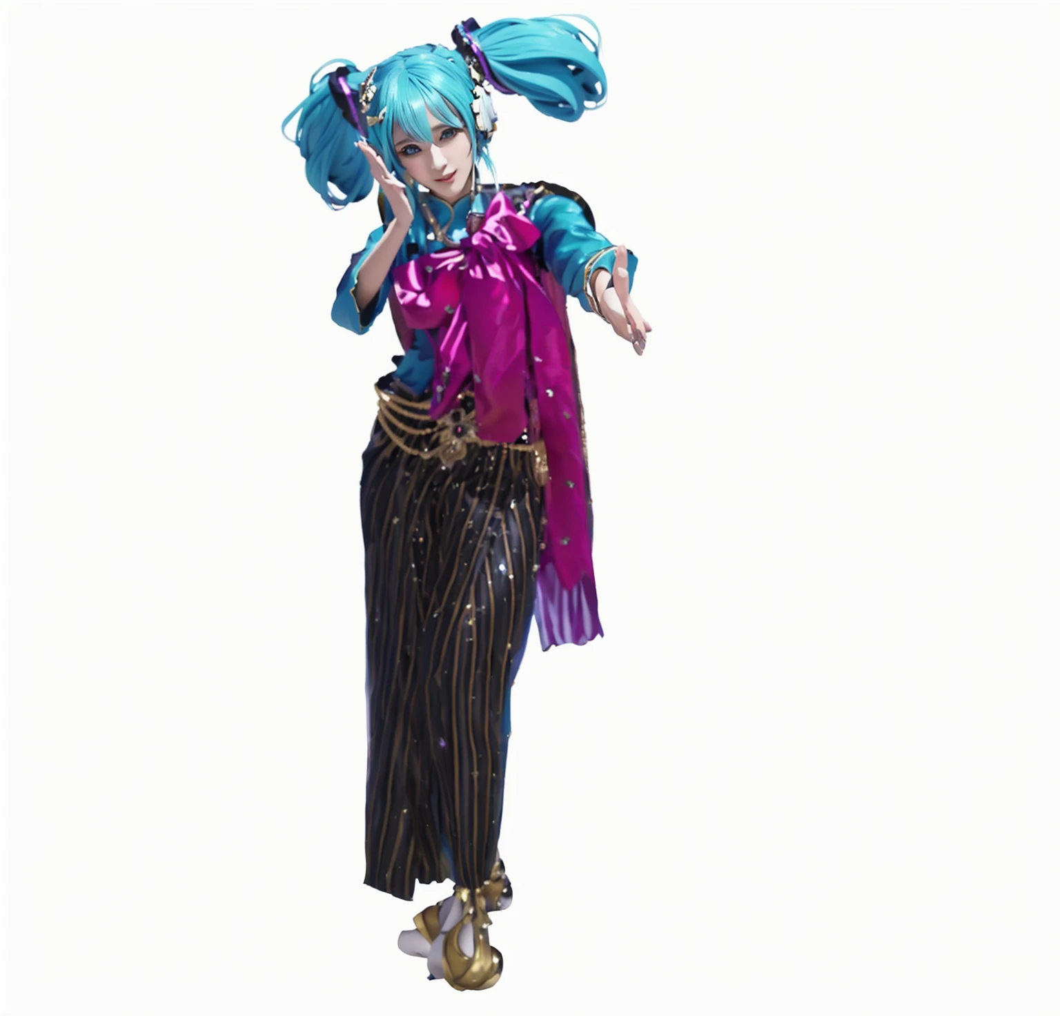 ((Masterpiece)), (best quality), (very detailed), ((very detailed)), 4k, (8k),1 girl,Hatsune Miku,  there is a woman in a costume that is standing up, tai costume, beautiful genie girl, miku , hatsune miku cosplay, high quality costume, high quality theatre costume,  hatsune miku, anime cosplay, costume