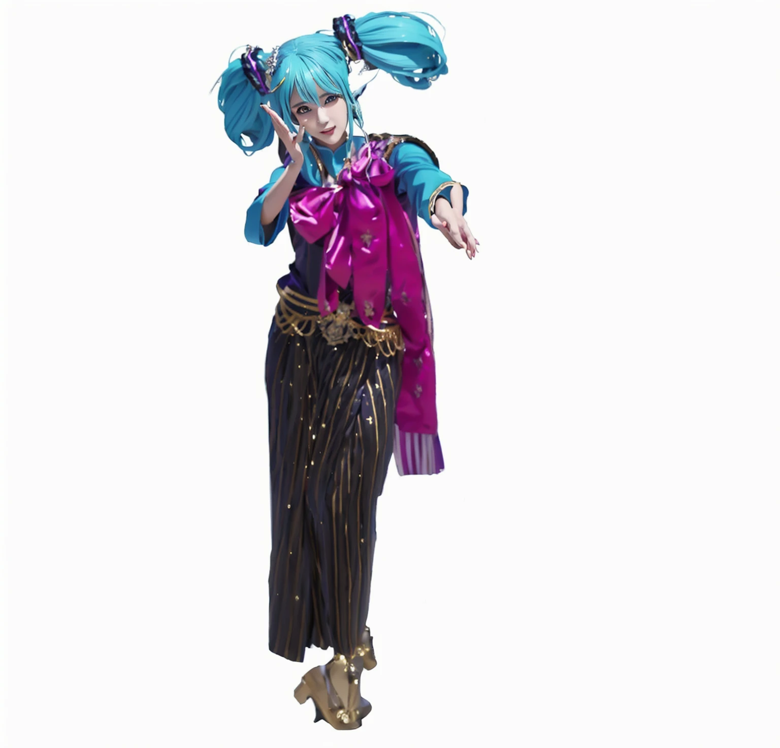 ((Masterpiece)), (best quality), (very detailed), ((very detailed)), 4k, (8k),1 girl,Hatsune Miku,  there is a woman in a costume that is standing up, tai costume, beautiful genie girl, miku , hatsune miku cosplay, high quality costume, high quality theatre costume,  hatsune miku, anime cosplay, costume