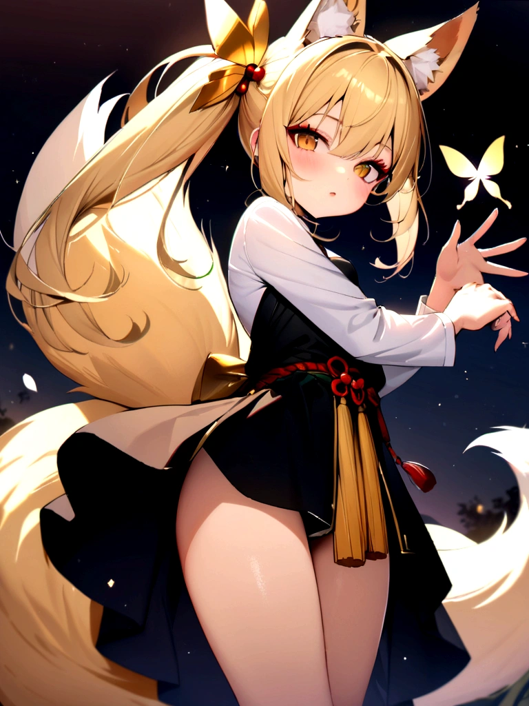 (masterpiece, best quality) junior,detailed, (beautiful,small breasts), blonde,long hair, side ponytail(gold butterfly hairband), elegant, (fox ears),nine tailed fox tail, red eyeshadow, golden eyes, femur，漏出femur, white shirt,shaman uniform,cherry blossom background,girl,NIGHT