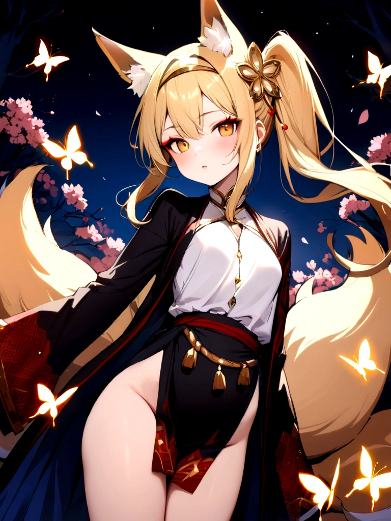 (masterpiece, best quality) junior,detailed, (beautiful,small breasts), blonde,long hair, side ponytail(gold butterfly hairband), elegant, (fox ears),nine tailed fox tail, red eyeshadow, golden eyes, femur，漏出femur, white shirt,shaman uniform,cherry blossom background,girl,NIGHT