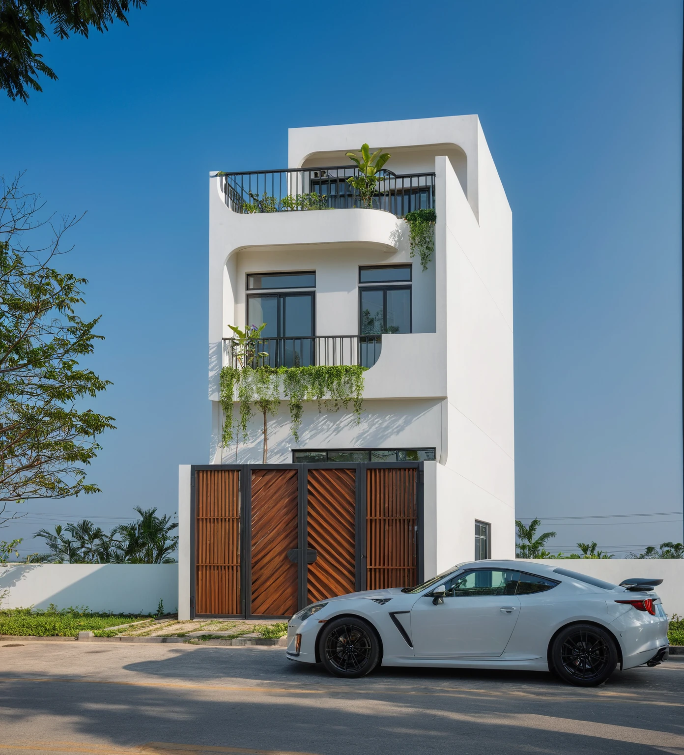 RAW photo, A white minimalist modern house with a double floor and simple architecture, surrounded by trees in a Vietnamese yard, with a black metal gate and fence, landscape design, natural light, clear blue sky, blue background, high resolution photography, architectural photography, architectural appearance. The building has square windows and doors made from wood, while the walls have a lattice design, There is also an entrance to another house nearby in the style of architectural photography, roads, sidewalks , sidewalk tree, 8k uhd, dslr, soft light, high quality, film grain, Fujifilm XT3