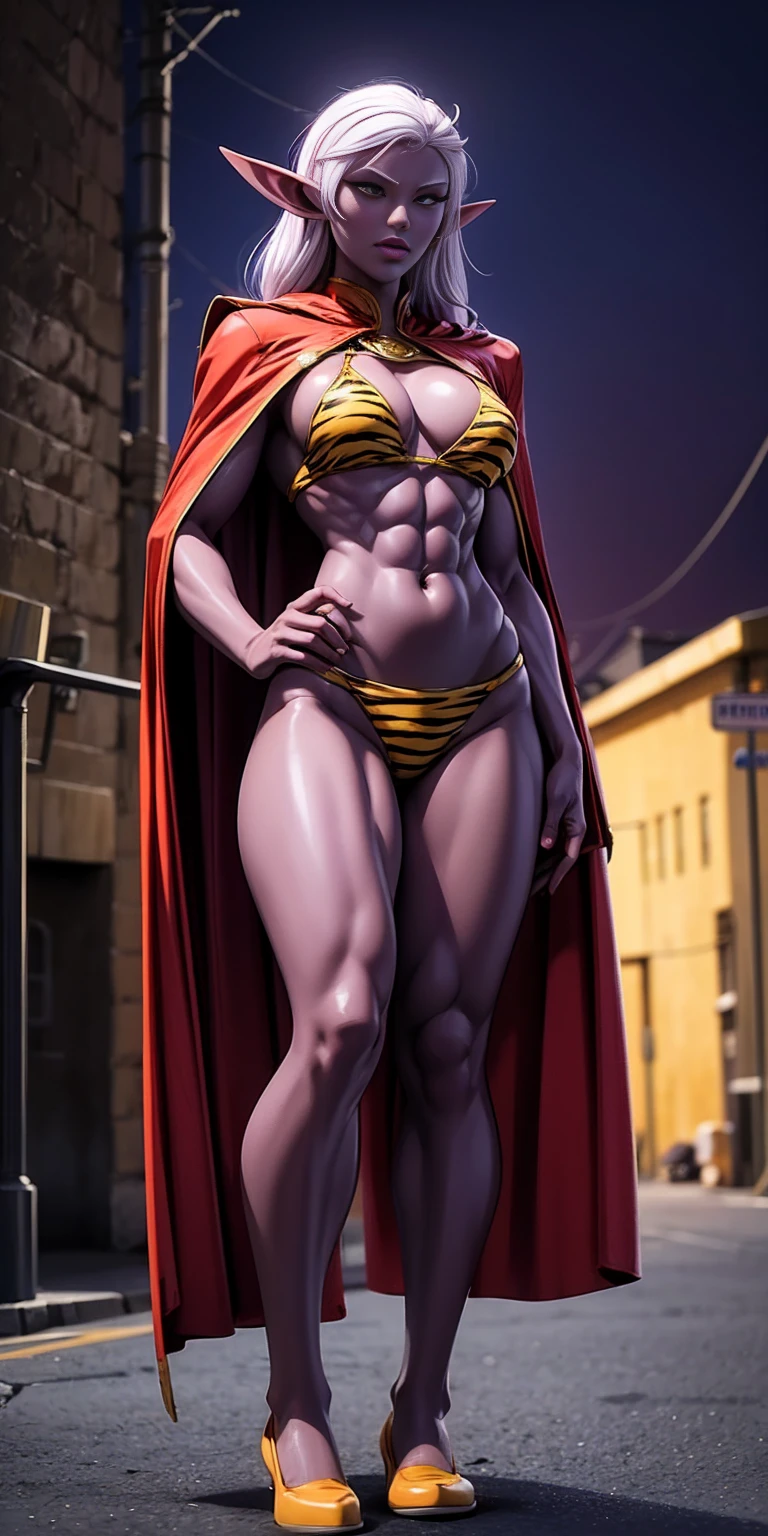 Subject:
1 Solo Female Drow Elf
Physical Description:
Purple Skin
Long White Hair
Strong Body with Abs
Shiny Skin (Ultra Quality)
Attire:
Yellow Tiger Bikini (underneath)
Red Cape (flowing)
Pose:
Standing Pose
Background:
Cinematic Street Scene (Atmospheric, 8K)
Additional Notes:
Red sunglasses