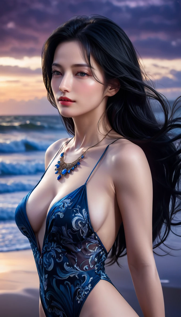 ((Masterpieces with up to 16K resolution:1.6)),Highest quality,it is really amazing,Very detailed,Ultra-high resolution,(Real:1.5),(Realistic:1.5),Increased depth of field,Cinematic Light,
Elegant mature woman,
Long black hair,(Exquisitely detailed face:1.5),Face with a gentle expression,Translucent white skin,Very sensitive skin,Great proportions,Anatomically correct body,
Elegant high leg swimsuit,Artistic design,Beautiful and detailed pattern,Detailed fabric texture,Gorgeous necklace,
Coastal landscape at dusk,Dark clouds and dark sky,delay々Continuing sandy beach, Deserted Beach,Dark sea surface,
(Upper body close-up:1.5),