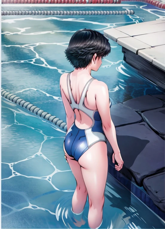 A boyish, short-haired, busty, beautiful-legged woman is standing by the pool in a competitive swimsuit.。Angle from behind。A middle-aged man is standing in the distance taking pictures with a camera.。