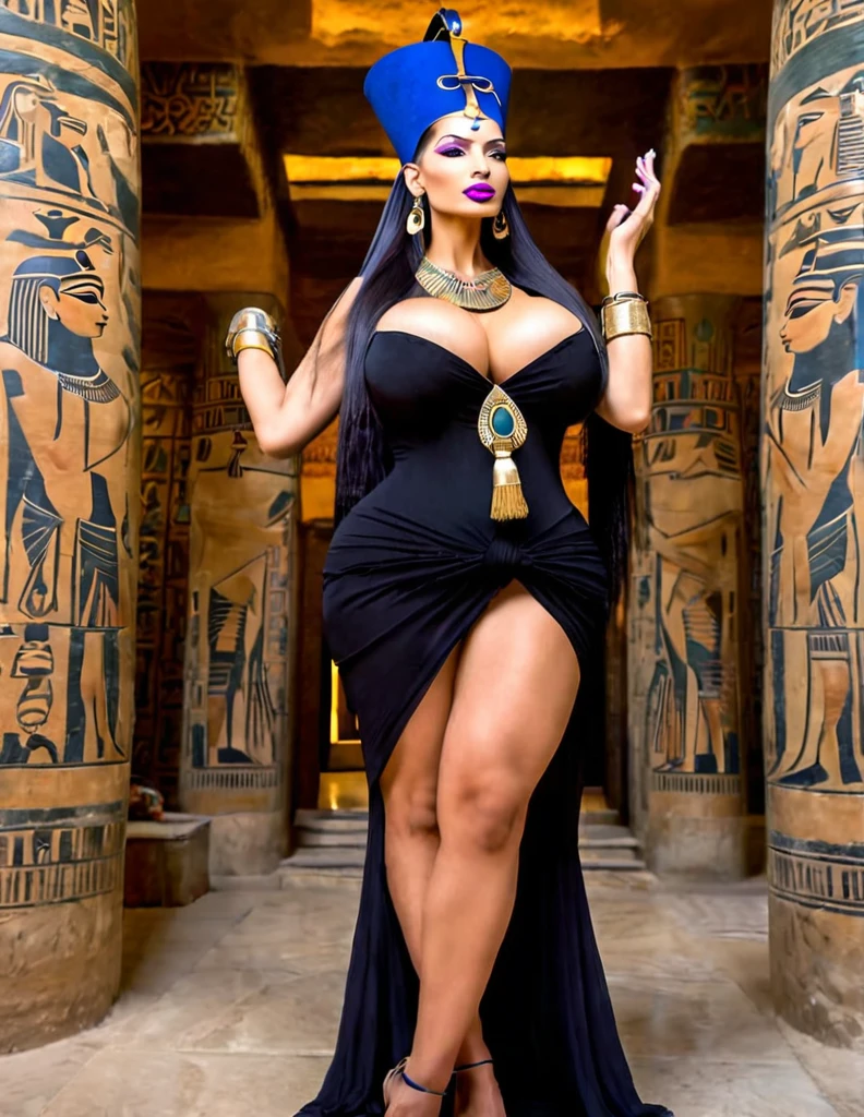 A graceful fertility goddess, the Queen of Egypt, a mature woman, Nefertiti, with a perfect body, full breasts, round buttocks, wide hips in a black Setheian dress, violet lips, long straight black hair adorned with Egyptian jewelry, praying to the serpent god in an ancient Egyptian temple