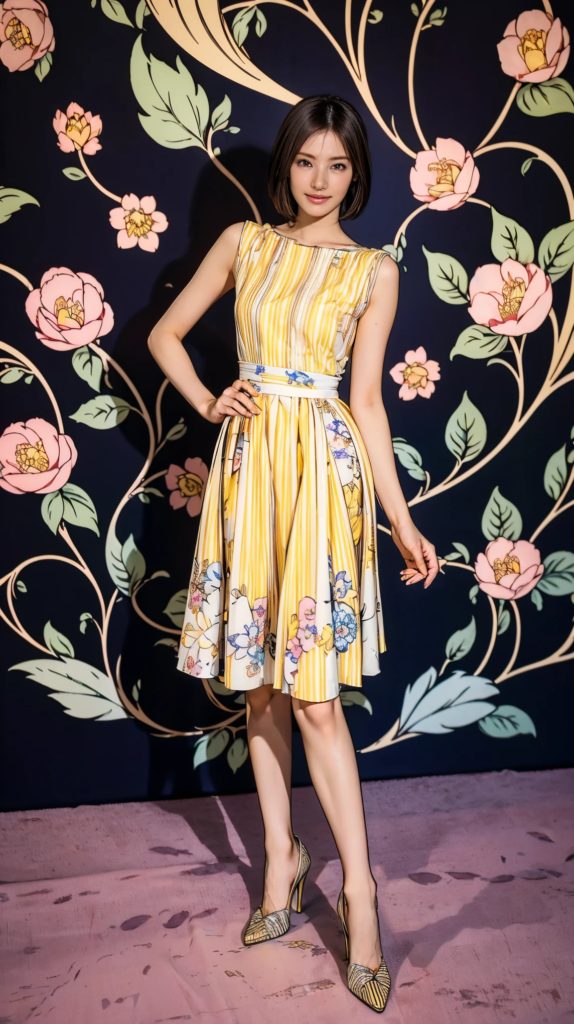((masterpiece)),(((Highest quality))),Thin thighs,Long legs,whole body:1.5,(One Girl:1.3),(Black high heels:1.3),(Wearing a floral striped mid-long flared skirt dress:1.2),Short blonde hair:1.2、Model pose with legs spread wide:1.5,Bright expression:1.5