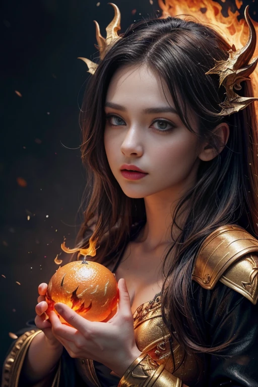 This (realistic fantasy) art contains embers, real flames, real heat, and realistic fire. Generate a masterpiece artwork of a  female fire druid with large (((orange and gold))) eyes. The fire druid is awe-inspiring with beautiful ((realistic fiery eyes)) alight with confidence and power. Her features are elegant and well defined, with ((soft and puffy lips)), elven bone structure, and realistic shading. Her eyes are important and should be the focal point of this artwork, with ((extremely realistic details, macro details, and shimmer.)) She is wearing a billowing and glittering dress made of realistic flames and jewels that glimmer in the fire light. Wisps of fire and smoke line the intricate bodice of the dress. Include bumps, stones, fiery iridescence, glowing embers, silk and satin and leather, an interesting background, and heavy fantasy elements. Camera: Utilize dynamic composition techniques to enhance the realistic flames, blonde long hair