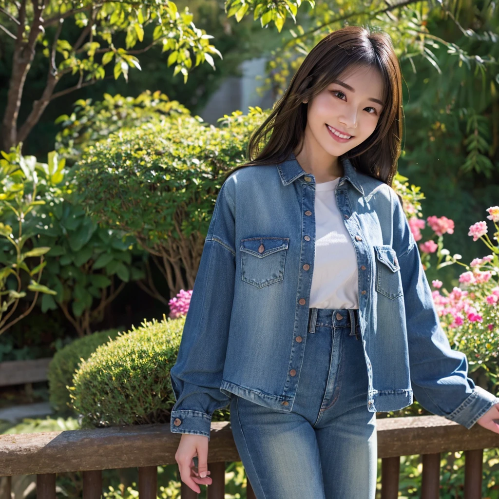 HD detailed, Super detailed, Realistic,Hyperrealism,Best image quality、Highest quality、masterpiece、Ultra-high resolution、Like the picture:1.5、Professional Lighting、One Girl、18-year-old,Japanese,Long sleeve、Wearing a buttoned-up denim shirt and jeans、A kind smile、Show the whole body、garden