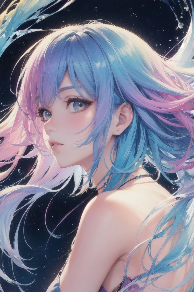 (masterpiece, top quality, best quality,watercolor (medium),official art, beautiful and aesthetic:1.2),(1girl:1.3), (fractal art:1.3),upper body, from side, looking at viewer,patterns,(rainbow color Hair,colorful hair,half blue and half pink hair:1.2),water,liquid, cloud,colorful, starry,stars,