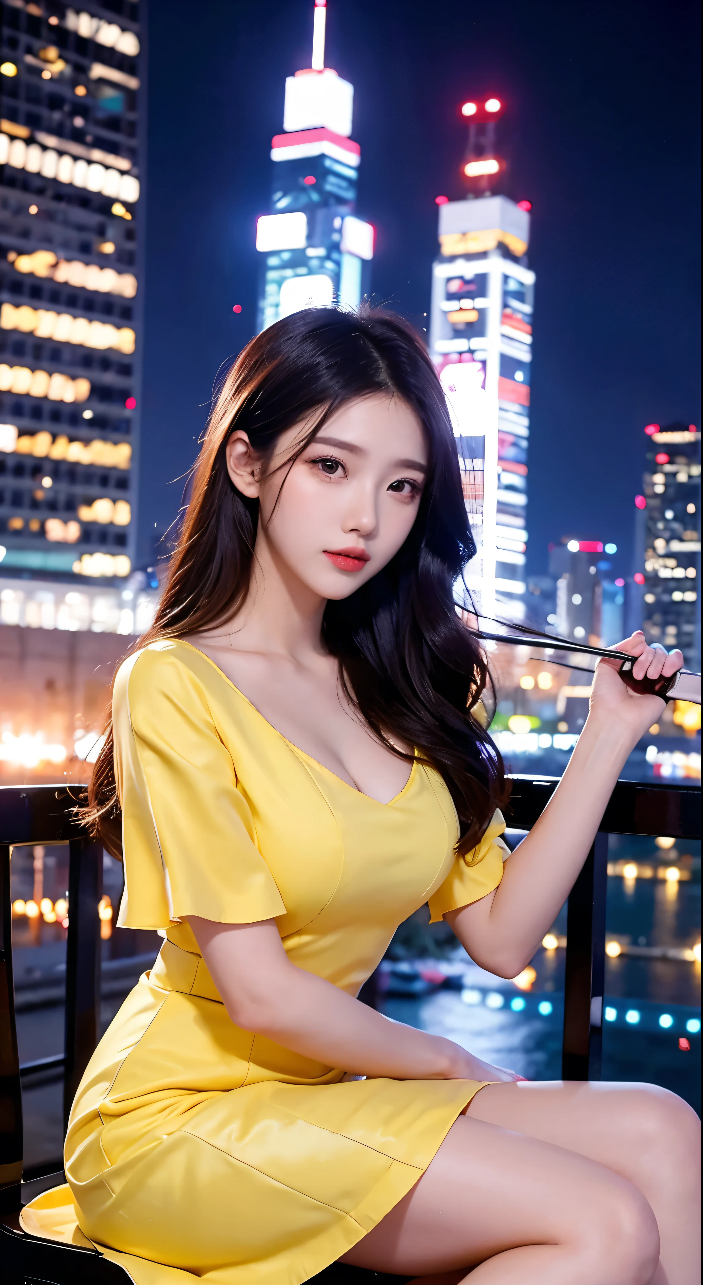 Sitting on a chair in a blue dress、Korean female fashion model、Elegant clothes、Glossy clothes、Lucky me, I see、Highest quality、masterpiece、Ultra-high resolution、Realistic、Cityscape in the background