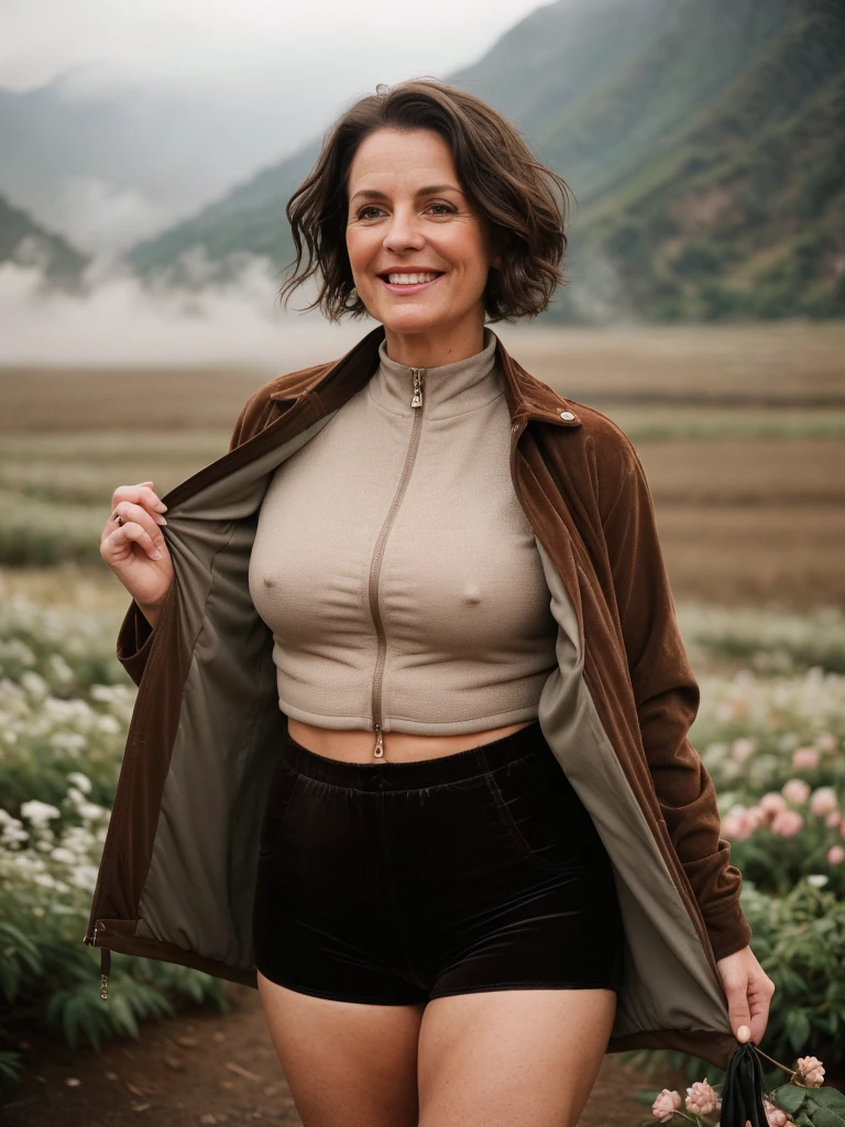 1 girl, photorealistic, realistic, her name is Elise, middle age, a 45-year-old woman with gray hair, body of 45-year-old woman, wrinkles on her face and body, Alpine woman, ((dark brown hair, short hair))), smiling,(((dynamic pose))), nudity, (((The quiet mountains are shrouded in a sea of mist.,Stunning sunrise casting warm hues,Beautiful flowers bloomed in front of us.,The atmosphere is dreamy and peaceful.,Beautiful landscape of Thailand,Harmony between nature and humanity))), (((she choose a cropped corduroy jacket is tailored with a slightly boxy silhouette, featuring a plush texture and a rich color like brown. Its cropped length accentuates the waistline and adds structure to the ensemble. There is no top beneath the jacket, she paired it with color black high-waisted cycling shorts in a sleek, stretchy fabric that conforms to her figure))), (((boobies)))