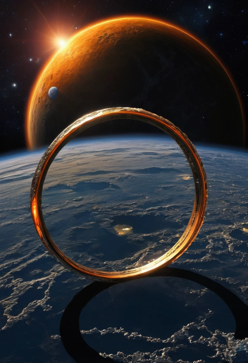 Image of a ring world , big ring world with heavy vegitation inside the ring , orbiting a orange dwarf star , ring world perispective 