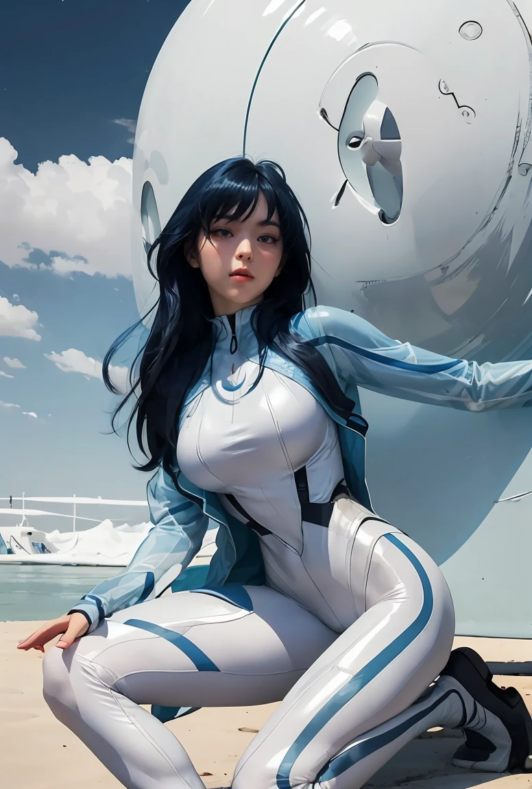 (masterpiece, best quality), 1girl,    AeroMarvel, 1girl, solo, long hair, blue eyes, large breasts, black hair, blue hair, white bodysuit,