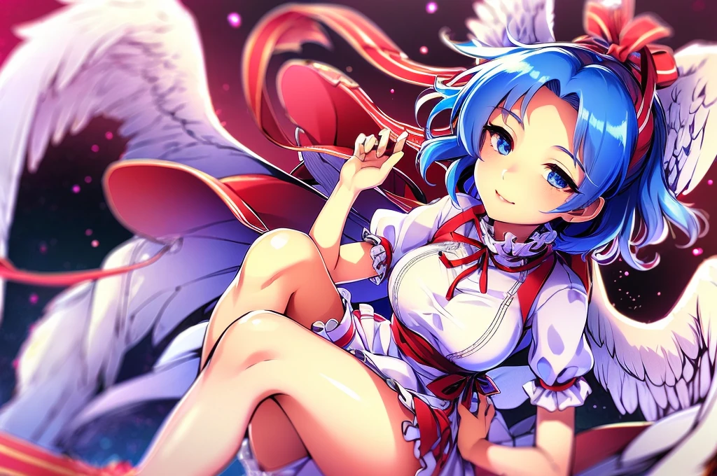 (best quality,4k,8k,highres,masterpiece:1.2), ultra-detailed, highly detailed texture, intricate details, A cute teenage angel with blue eyes, drawn in anime style, 1girl, , , 10 years old, medium blue hair, hair flaps, pink ribbon on head, well-formed face, blue eyes, angel girl, white blouse, puffy short sleeves, red ribbon, angel wings, long white skirt, red shoes, frills, ribbon head, A pair of angel wings on the back