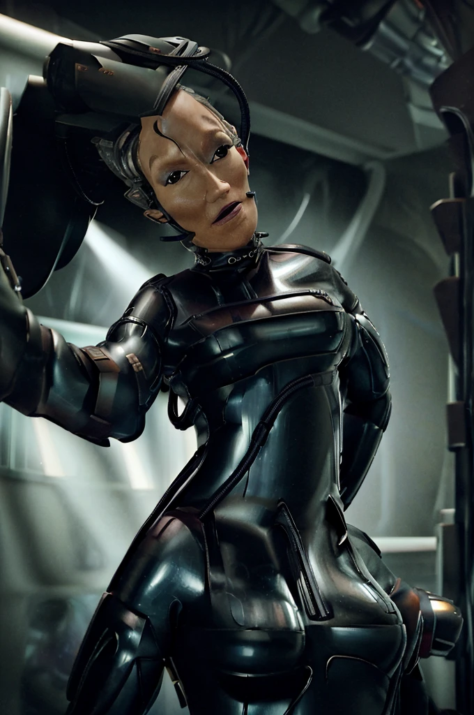 (tawny newsome:1.2), (black skin:1.2), (liquid metal girl full body
sttldunf uniform:1.2), (Liquid Metal sttldunf uniform:1.2) being being transformed into drone,, Borg, robotic,
ballgag, leather catsuit, belt, lying, prisoner, (best quality,4k,8k,highres,masterpiece:1.2),ultra-detailed,(realistic,photorealistic,photo-realistic:1.37),dark moody lighting,dramatic chiaroscuro,cinematic, (portrait:1.2)