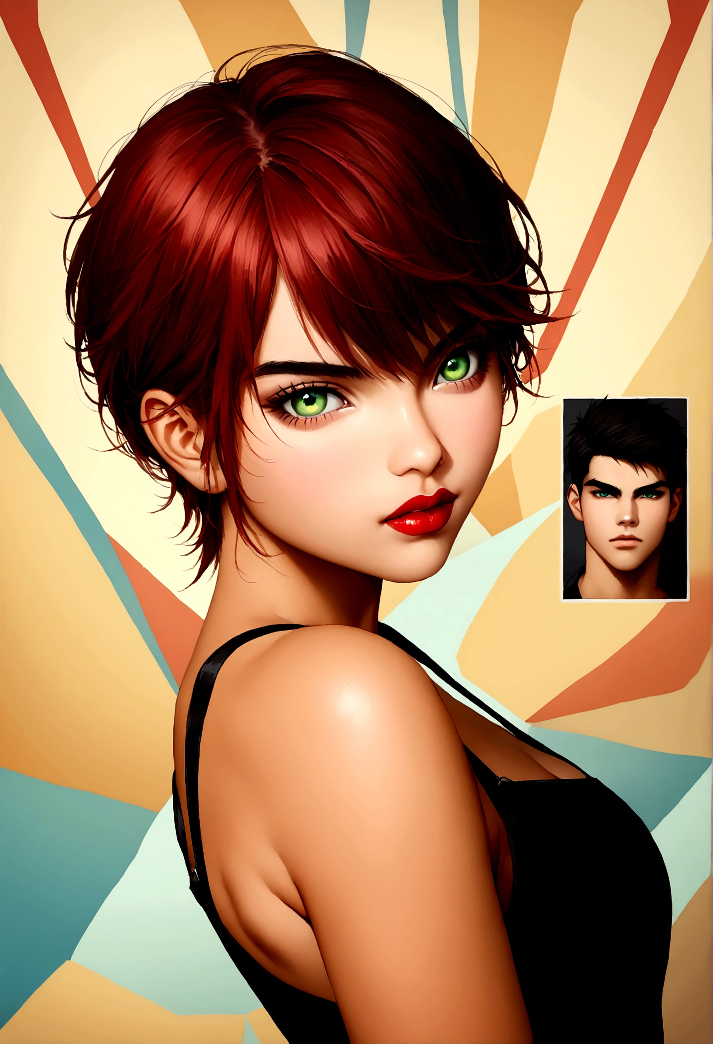 A Photo Of 1 Girl, ((light skin Girl)), ((Tupinambá)), ((Teenager)), ((20 Years Old)), ((Tanned Skin Tone)), ((Face Features Of Taylor Lautner and Adriana Lima)), ((Long Pixie Cut Hair)), (Straigth Hair), ((Dyed Red Hair Color)), Flowy Hairstyle, Pores, Realistic Skin, (Green Eyes), Wearing Makeup, ((Wearing Tomboy Clothes: 1.0)), Tomboy Style, Skater Girl Clothing, Futuristic Background, Face Focused, Looking at the viewer, Full Body Photo