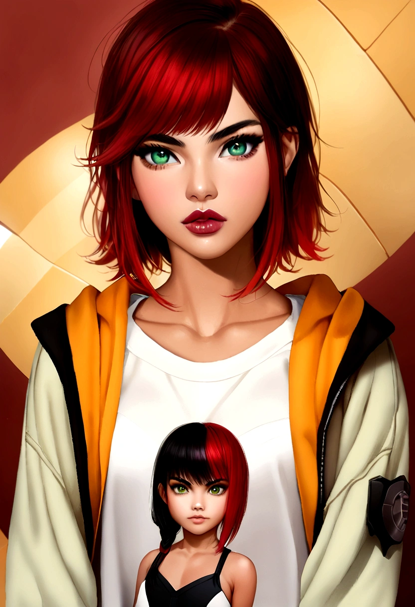 A Photo Of 1 Girl, ((light skin Girl)), ((Tupinambá)), ((Teenager)), ((20 Years Old)), ((Tanned Skin Tone)), ((Face Features Of Taylor Lautner and Adriana Lima)), ((Long Pixie Cut Hair)), (Straigth Hair), ((Dyed Red Hair Color)), Flowy Hairstyle, Pores, Realistic Skin, (Green Eyes), Wearing Makeup, ((Wearing Tomboy Clothes: 1.0)), Tomboy Style, Skater Girl Clothing, Futuristic Background, Face Focused, Looking at the viewer, Full Body Photo