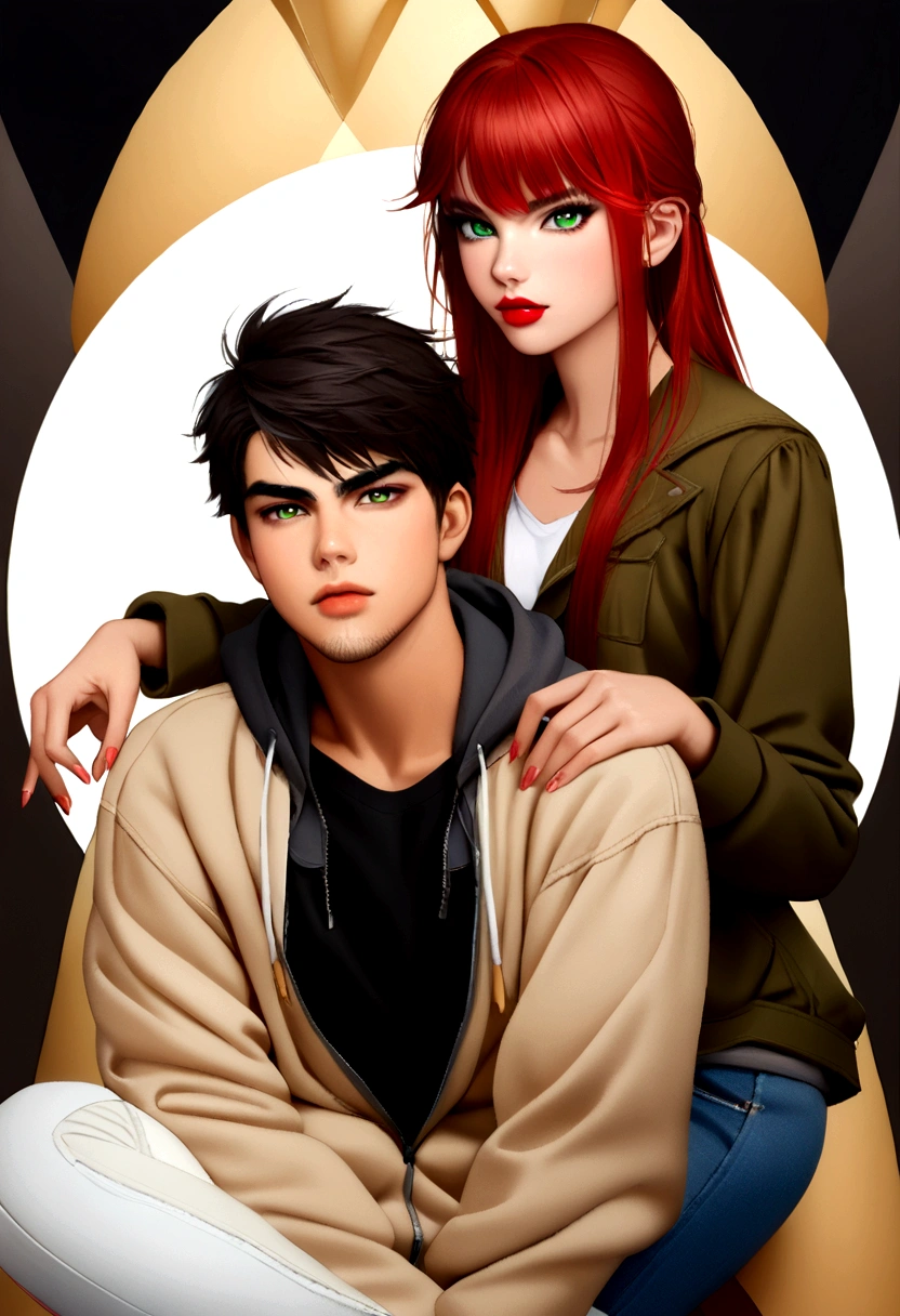 A Photo Of 1 Girl, ((light skin Girl)), ((Tupinambá)), ((ager)), ((20 Years Old)), ((Tanned Skin Tone)), ((Face Features Of Taylor Lautner and Adriana Lima)), ((Long Pixie Cut Hair)), (Straigth Hair), ((Dyed Red Hair Color)), Flowy Hairstyle, Pores, Realistic Skin, (Green Eyes), Wearing Makeup, ((Wearing Tomboy Clothes: 1.0)), Tomboy Style, Skater Girl Clothing, Futuristic Background, Face Focused, Looking at the viewer, Full Body Photo