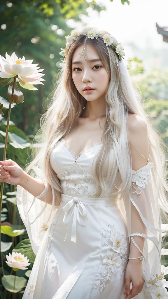 
a woman with long hair wearing a white dress and a flower crown, ethereal beauty, beautiful south korean woman, ethereal hair, lotus floral crown girl,, beautiful young korean woman, gorgeous young korean woman, ethereal fairytale, incredibly ethereal, a stunning young ethereal figure,, with long white hair, with white long hair
