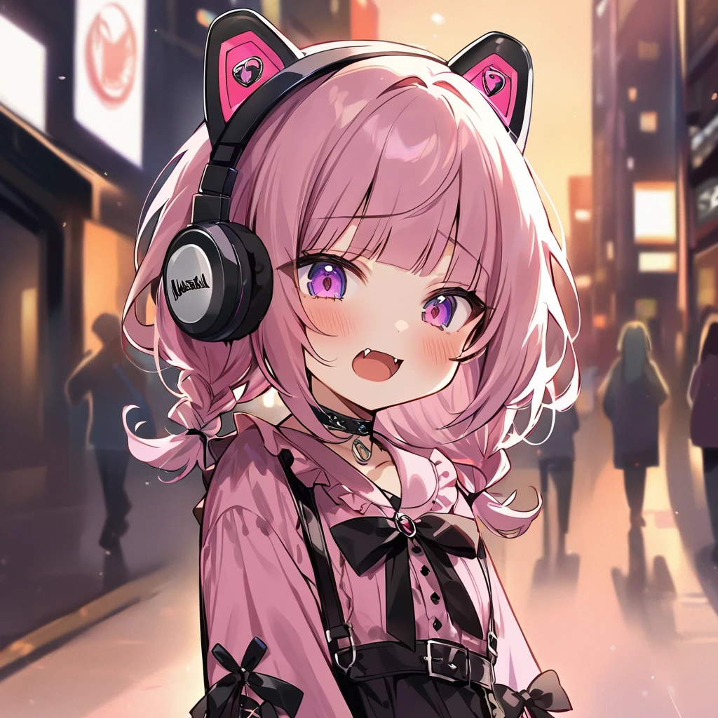 Top quality, masterpiece, chibi character, animal ear girl, peal purple and blunt bangs hair, twin braids, eyes closed, mouth wide open and screaming, blushing, smilng,fangs,(a girl with closs hair pin,
pink shirt,cosplay, jirai kei, bangs, black skirt, black bow, looking at viewer, bow, long sleeves, choker, ribbon,portrait shot :1.4),From the side, he is wearing square headphones over his ears, and the Marshall logo,Walking slowly through Shibuya at sunset, looking down, fullbody shot,