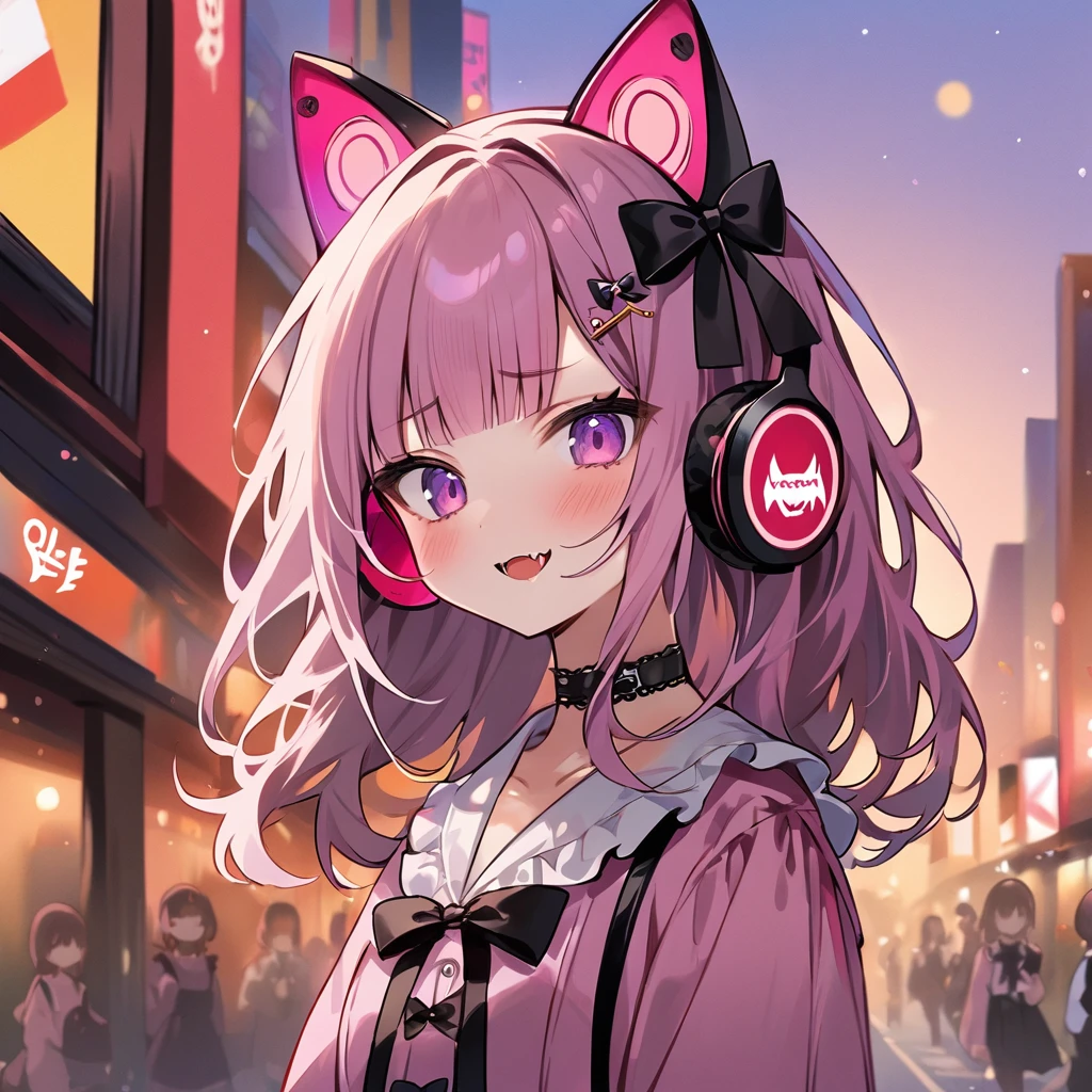 Top quality, masterpiece, chibi character, animal ear girl, peal purple and blunt bangs hair, twin braids, eyes closed, mouth wide open and screaming, blushing, smilng,fangs,(a girl with closs hair pin,
pink shirt,cosplay, jirai kei, bangs, black skirt, black bow, looking at viewer, bow, long sleeves, choker, ribbon,portrait shot :1.4),From the side, he is wearing square headphones over his ears, and the Marshall logo,Walking slowly through Shibuya at sunset, looking down, fullbody shot,