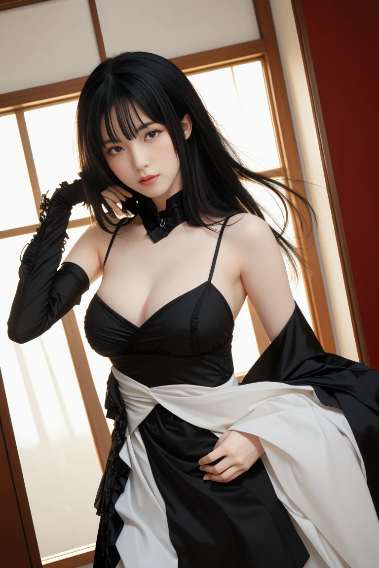 best quality, tmasterpiece,Ultra-high resolution,Clear face,(Reality:1.4),ferpect lighting,(upper body photo:1.5), (photorealistic:1.50), anime wallpaper, Guviz style artwork, cover-up fantasy up to magic , by Yang J, Guviz, beautiful artwork illustration, beautiful digital artwork, beautiful digital illustration, Li Song, beautiful anime portrait, art style in Beauvot, 1girl, 独奏, long hair, (black hair:1.3), (Earring), (Chinese clothes), (Arm gloves), (Bare shoulders), medium breasts:1.5, shagging breasts:1.3, standing, (background inside the house), room, (looking at viwer:1.5),