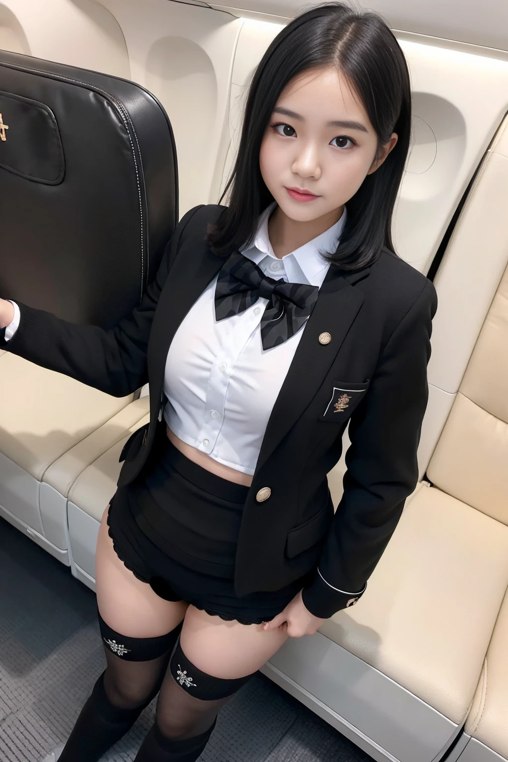 (8x_NMKD-Superscale_150000_G), (best quality), (high resolution), (masterpiece), (standing in airplane aisle), (((flight attendant))), ((short, black hair)), ((cute , ))), ((24 years old, 1 beautiful girl)), ((bow tie)), ((Bow tie, black jackets with open front, sexy bra, navel, sexy panties, black long socks)), Japanese